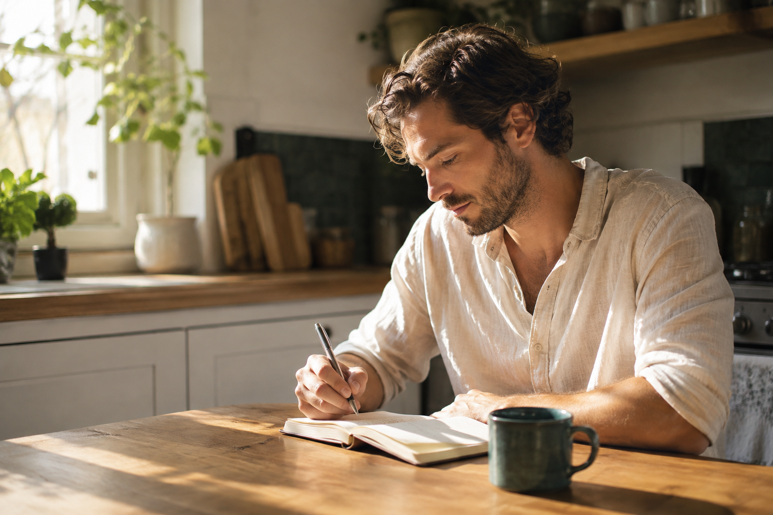 An adult quietly writing in a journal at a sunlit kitchen table.