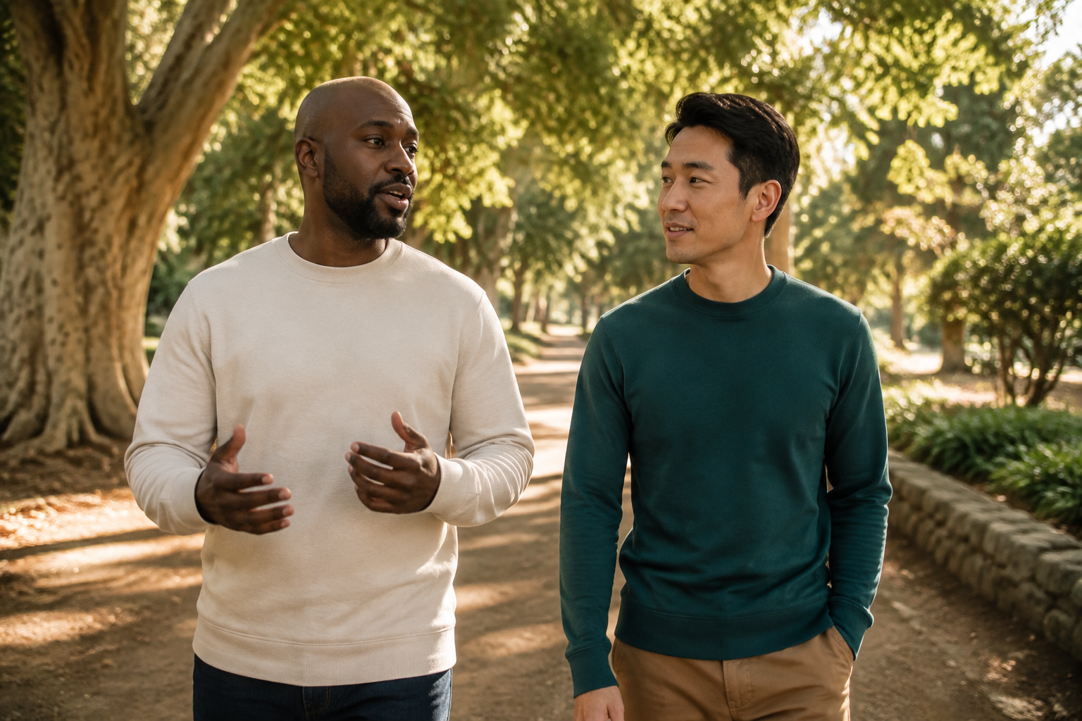 Two adult friends walking and listening to each other on a leafy park path.
